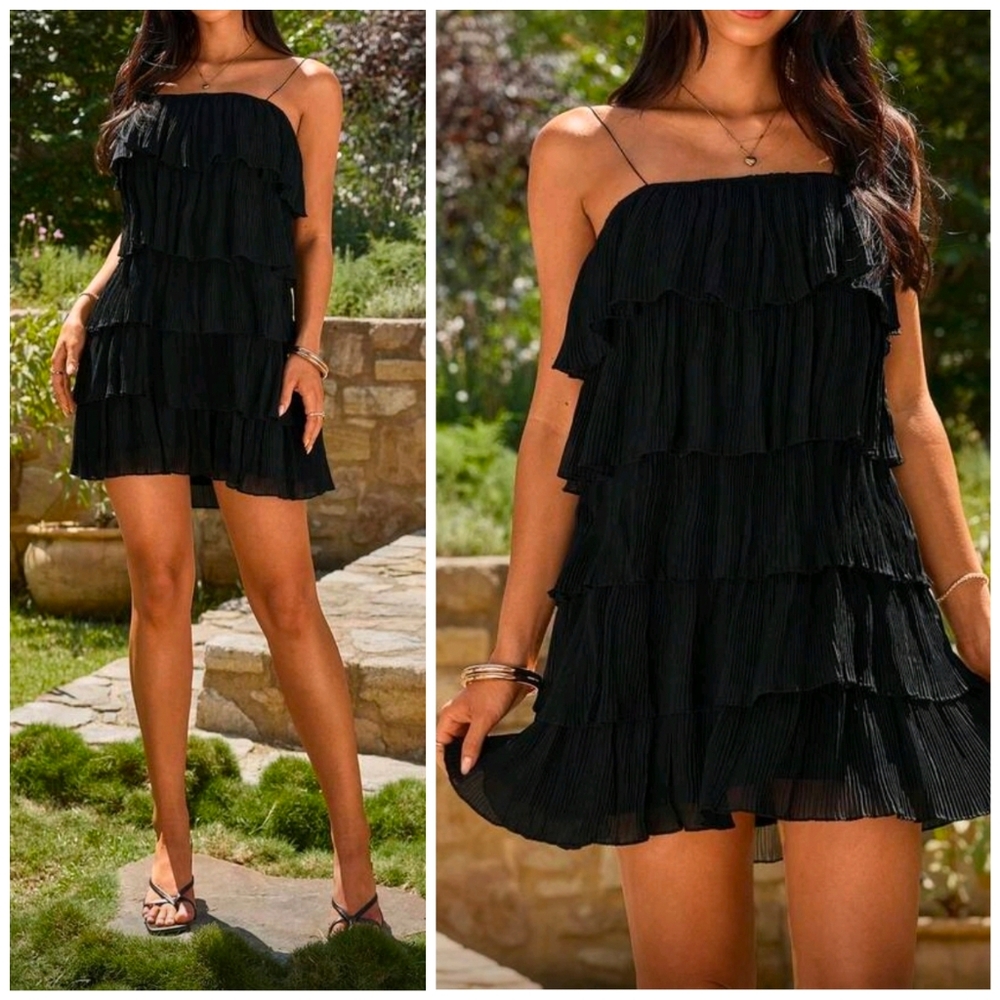 New Chic Pleated Layered Short Cami Dress Black